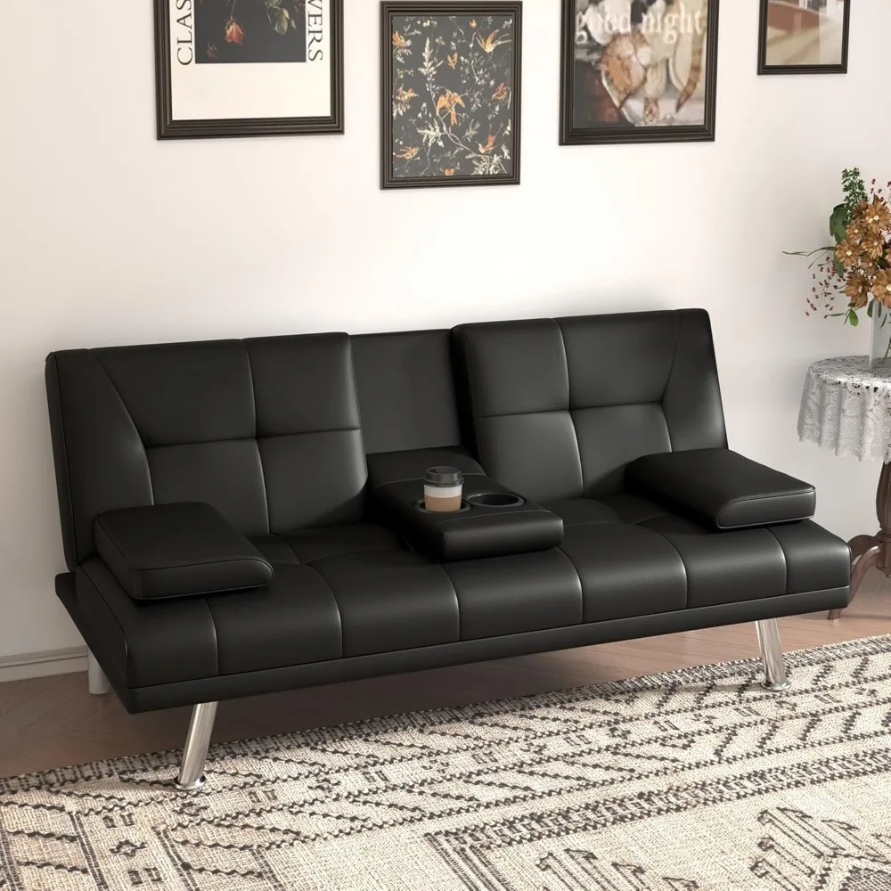 

Convertible Folding Futon Sofa Bed,Modern PU Leather Sleeper Love Seat with 3 Reclining Backrest & Cup Holders,67" Comfy Sofa C