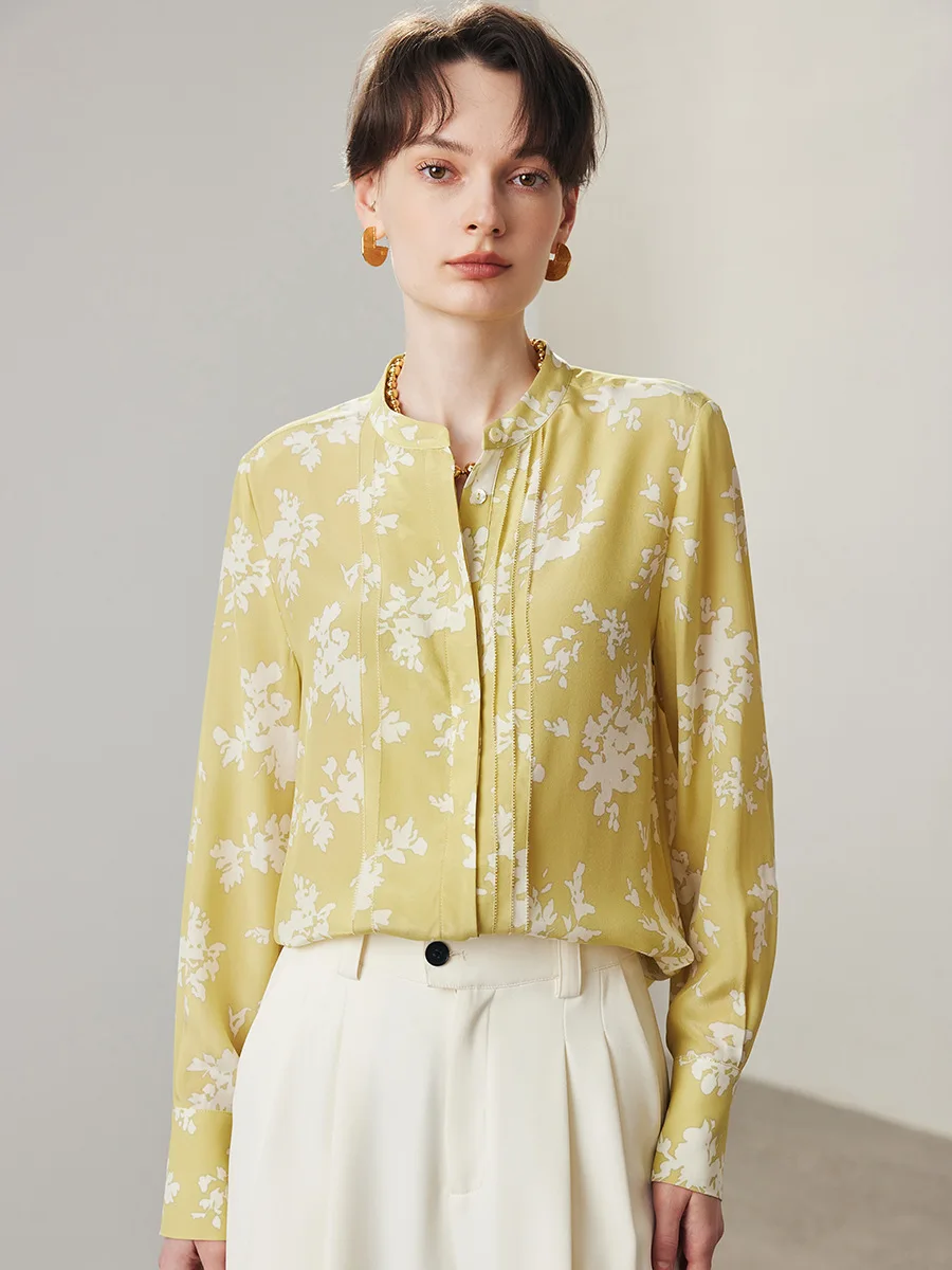 SuyaDream, Women Floral Shirts, 100%Silk Crepe, Stand Collar Collar, Printed Chic Shirts, 2024 Spring Summer Casual Top