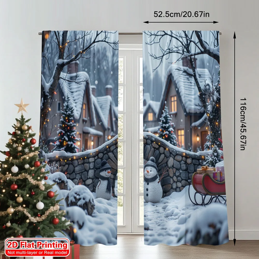 2pcs 2D flat printing Happy Christmas Party Curtains Winter Town Snowman Scene1 Digital Printed Polyester Drapes Holiday