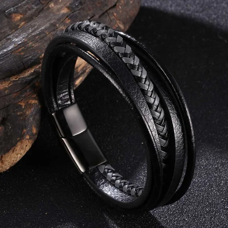 Trendy Red Leather Bracelets Men Stainless Steel Multilayer Braided Rope Bangles for Women Wristband Jewelry Gifts SP1076