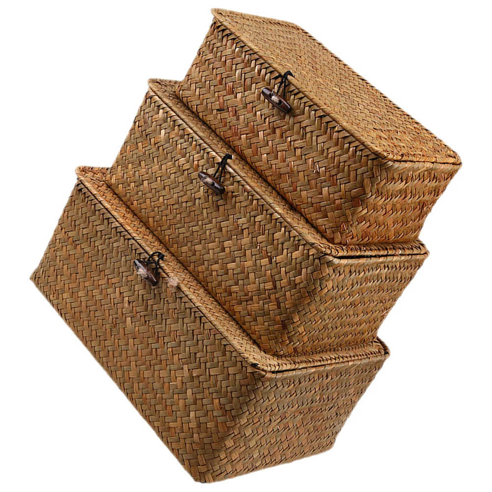 

3pcs Storage Box with Lid Seagrass Baskets Hand Woven Desktop Organizer Toy Container Portable Case Sundries Box