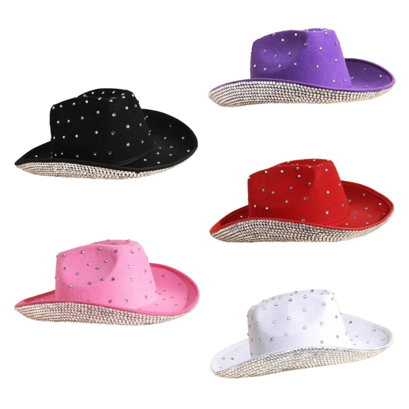 

S1Y1 Heavy Crystal Cowboy Hat for Disco House Cocktail Parties Vacation Rhinestones Brim for Comedian