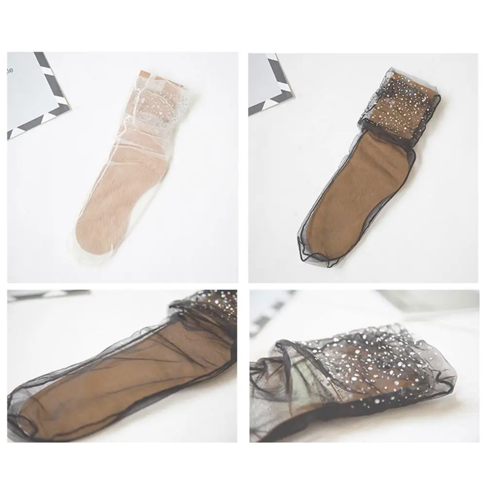 See Through Ladies Elastic Lace Rhinestone Glitter Transparent Mesh Sock Ankle Socks Short Socks