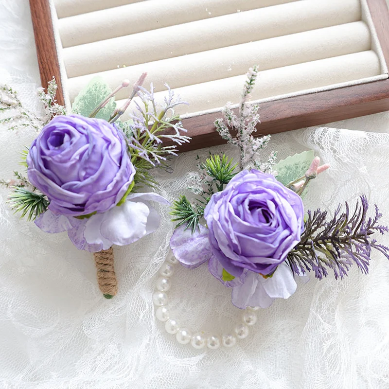 

25044 Purple Bohemian Rose Flower Corsage & Wristlet Set - Perfect for Brides, Groomsmen, and Wedding Decorations