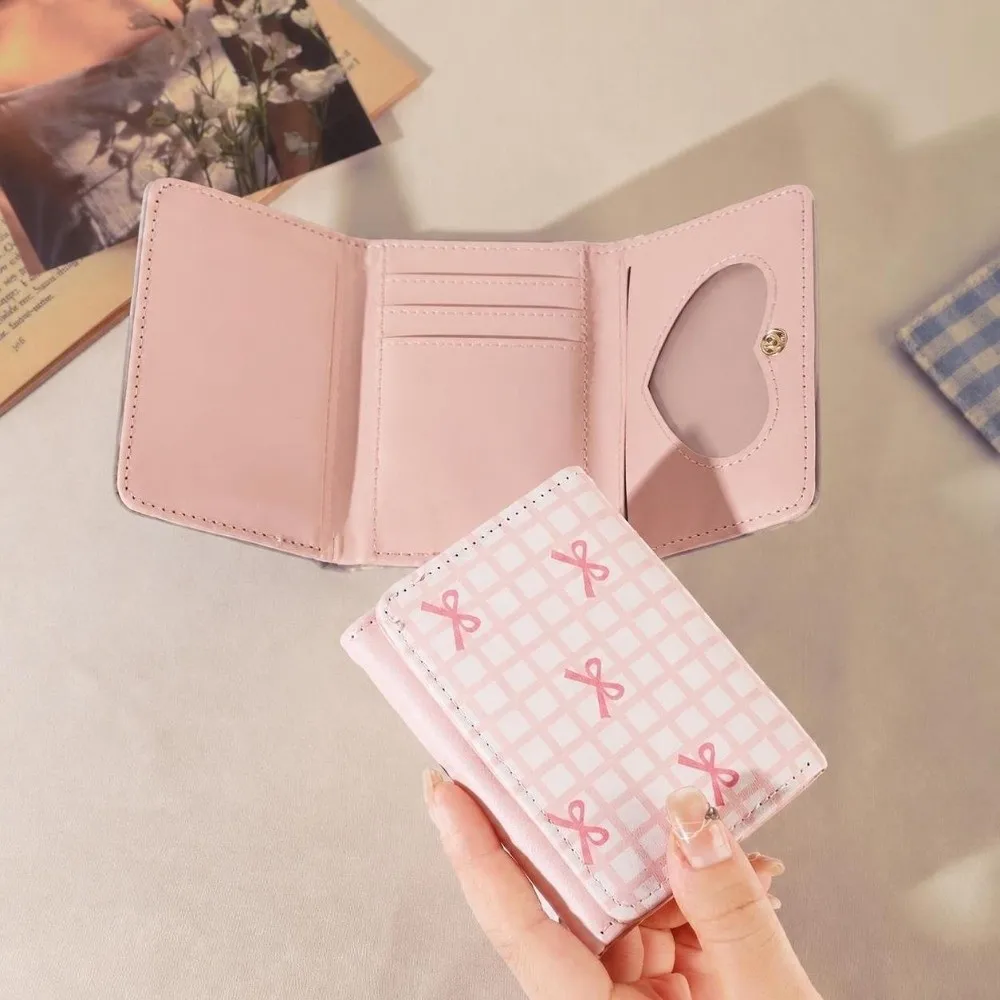 Portable PU Leather Short Wallet Multi Card Slot Foldable Coin Purse Grid Bow Print Credit Card Holder