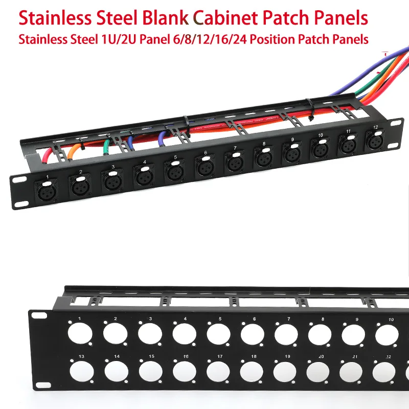 19in 1U/2U Audio Patch Panel Blank Cabinet Blind Plate for XLR/RJ45/Speaker, 8-24 Channels, D-Type Blind Rack Socket Connector