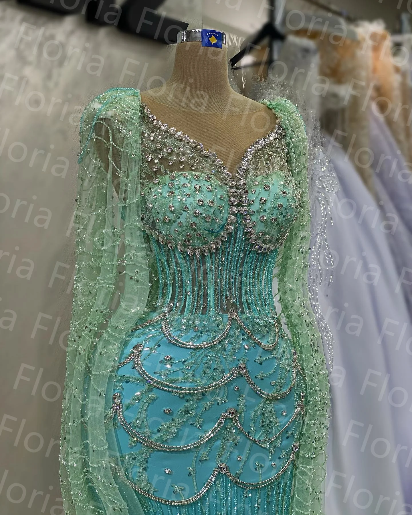 Vestidos de noite árabes frisados para mulheres, Dubai Mermaid, Verde menta, mangas, borlas de pérolas, vestido de baile de cristal, vestido de luxo, 2022