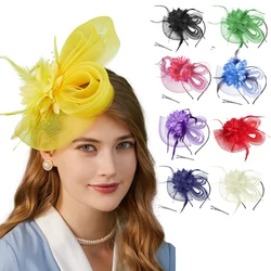 2024 New Fascinator Feathers Mesh Ribbons Brides Hair Accessories Headband or a Clip Cocktail Tea Party Headwewar Wedding