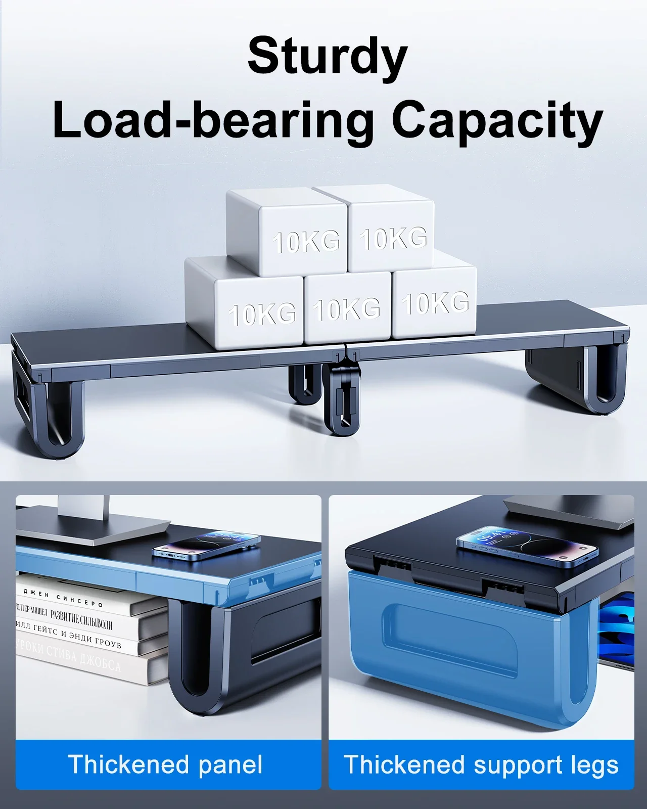 Eary Dual Monitor Stand Riser Length Adjustable Laptop Monitor Desktop Organizer Stand with Phone Tablet Holder for Home Office