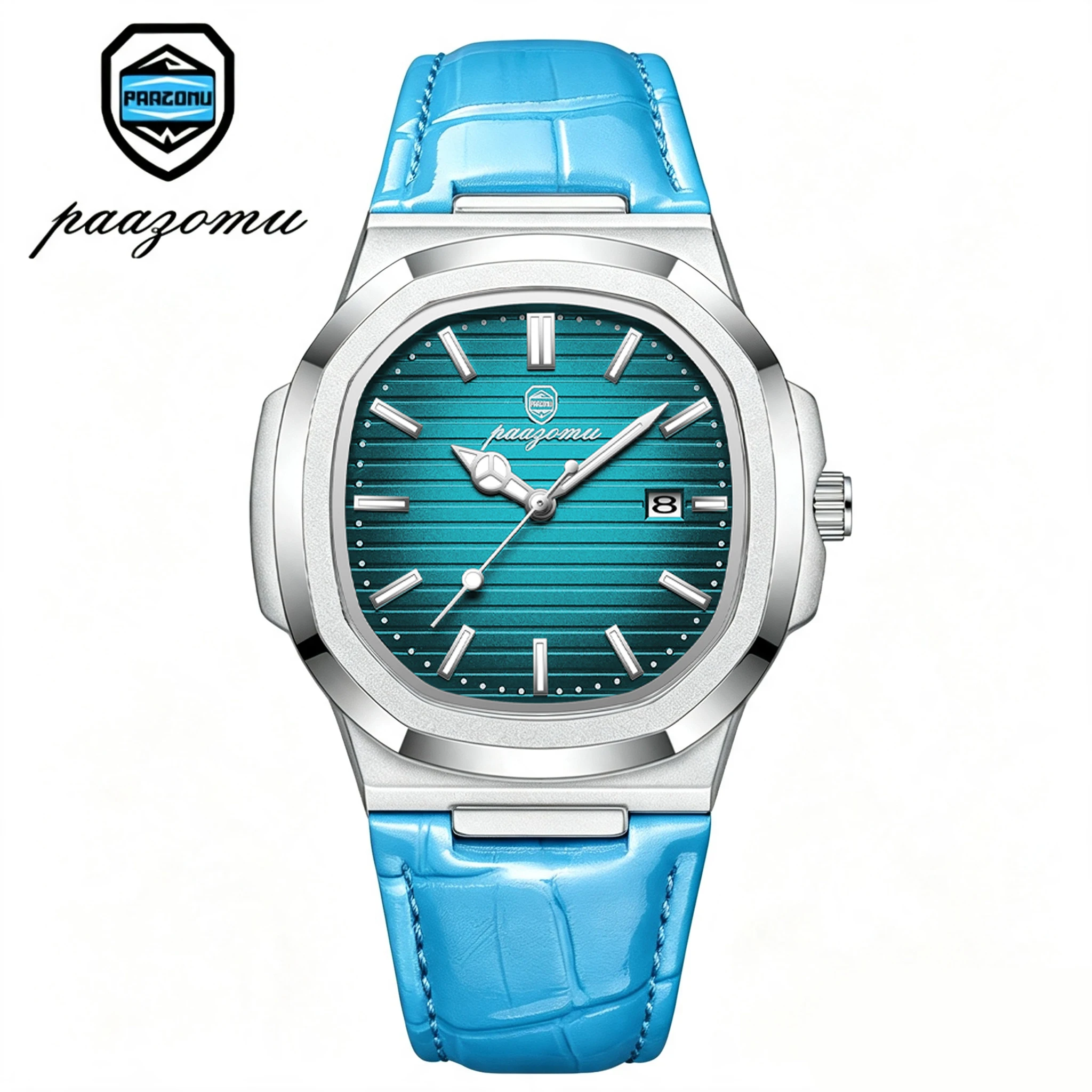 PAAZOMU Top Square Herrenuhr mit Datum, wasserdicht, leuchtend, luxuriöse Herren-Armbanduhr, hochwertige Leder-Quarzuhr für Herren + Box Reloj