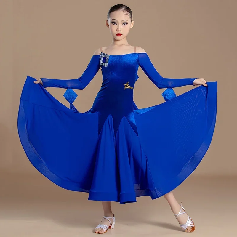 Blue Kids Girls Strap Bowknot National Standard Dance Waltz Latin Dance Large Swing Skirt Competition Costume Dancewear