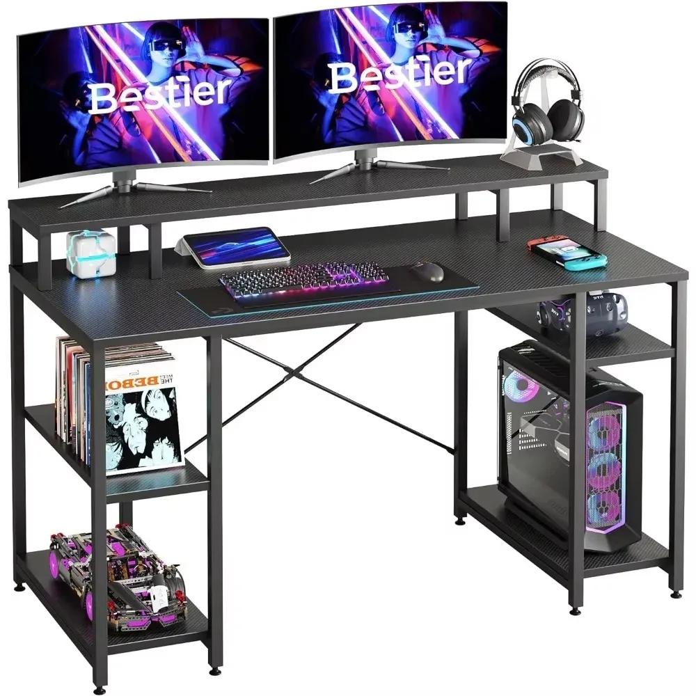 Bestier Gaming Desk with Monitor Shelf, 55 inches Home Office Desk with Open Storage Shelves, Writing Gaming Study Table