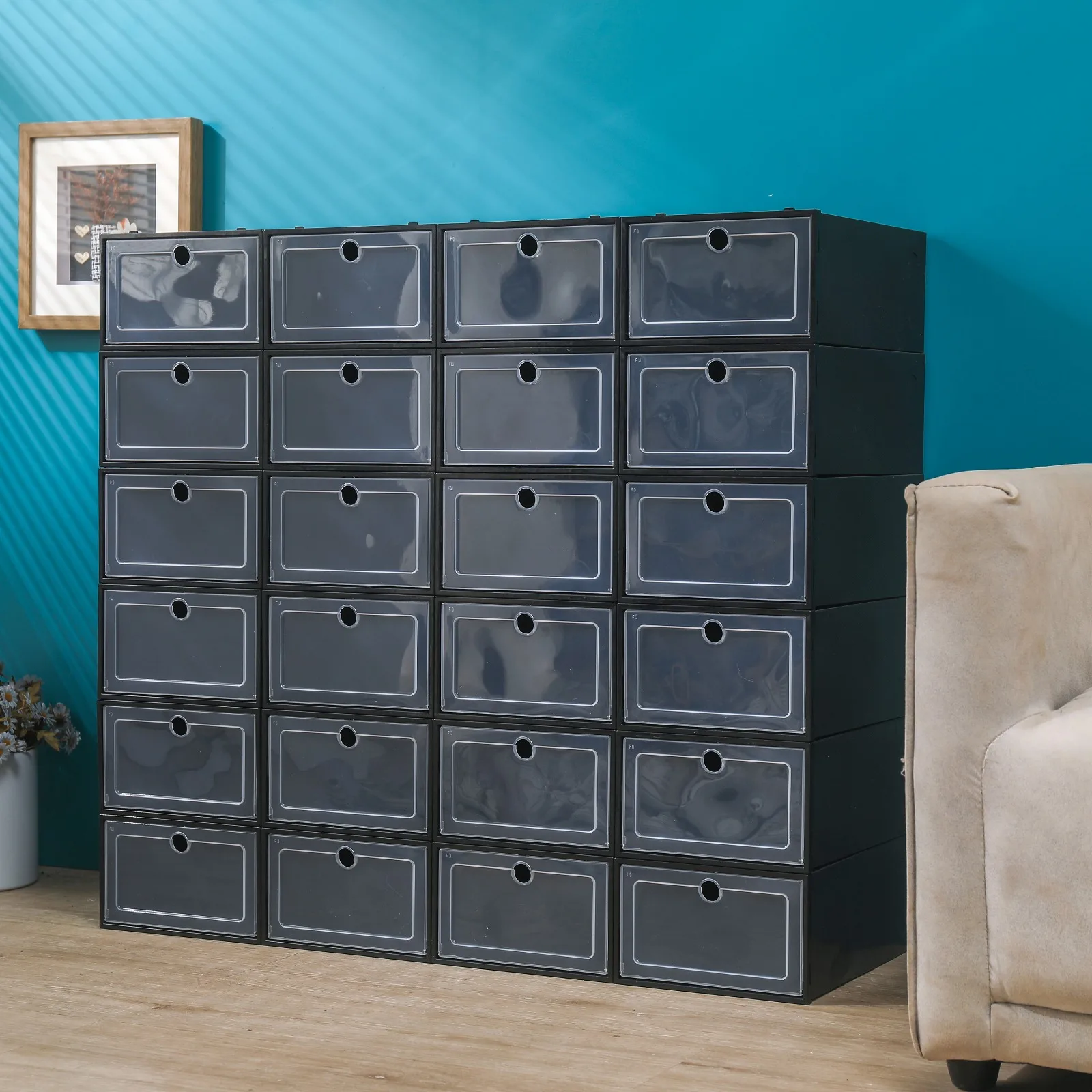 

24 шт., прозрачный откидной ящик, штабелируемые коробки для хранения обуви, пластиковый органайзер для обуви с круглыми вентиляционными отверстиями, модульная система шкафа