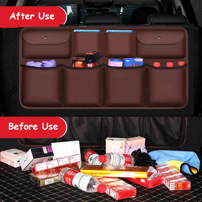 Black Car Rear Seat Organizer Bag PU Leather Trunk Cleanup Car Trunk Organizer Universal Auto Stowing Tidying Trunk Storage Box