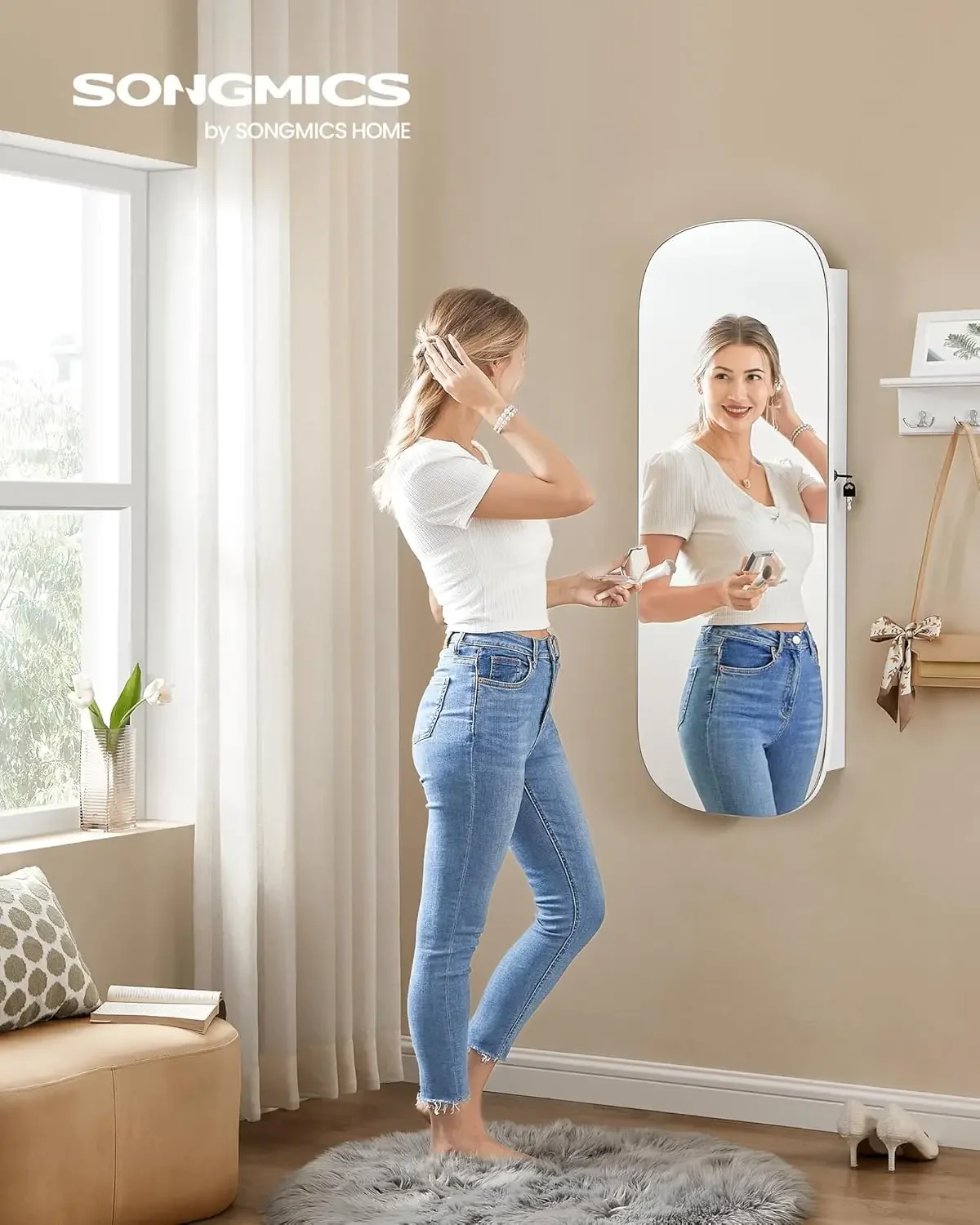 Jewelry Organizer, LED Jewelry Cabinet Wall or Door Mounted, Lockable Rounded Wide Mirror ,White Surface with Greige Lining