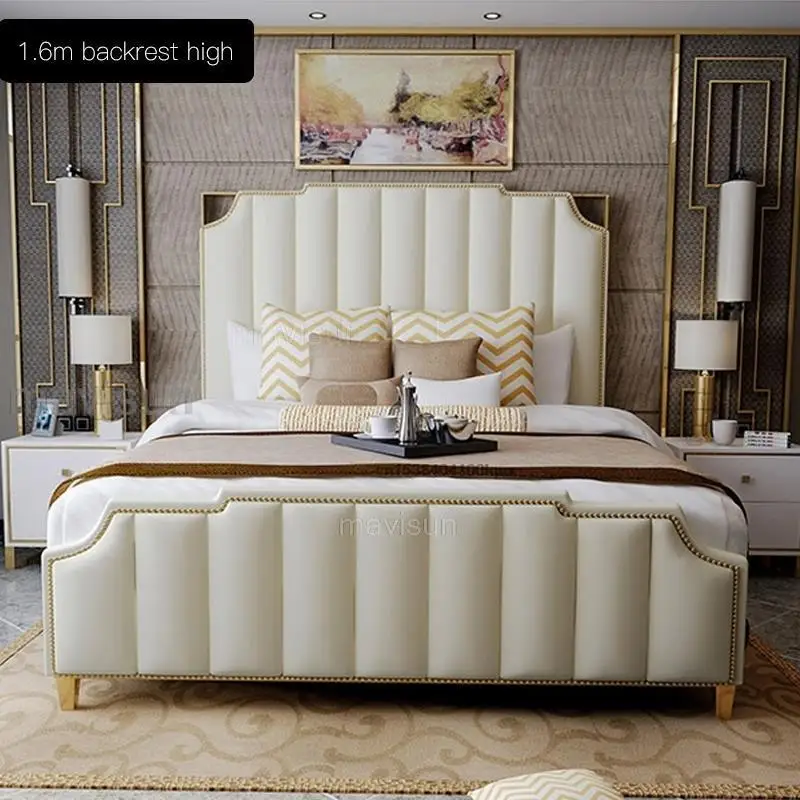 Light Luxury Double Bed For Bedroom High-end Furniture For Villa With Storage White Leather King Size Bed With 2 Nightstands