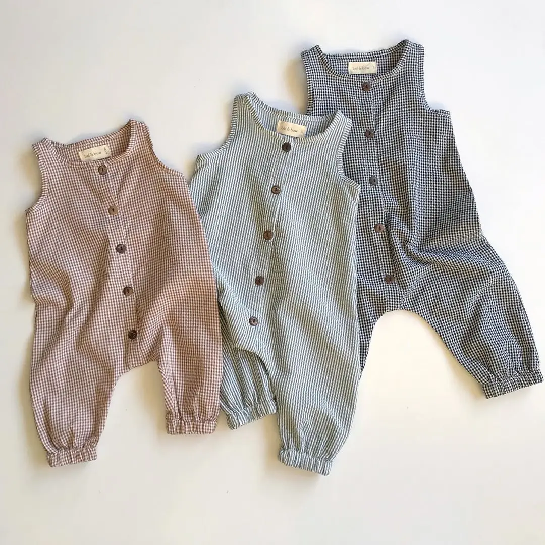 Toddler Baby Girls Boys Sleeveless Romper Plaid Button Jumpsuit Overall Outfits