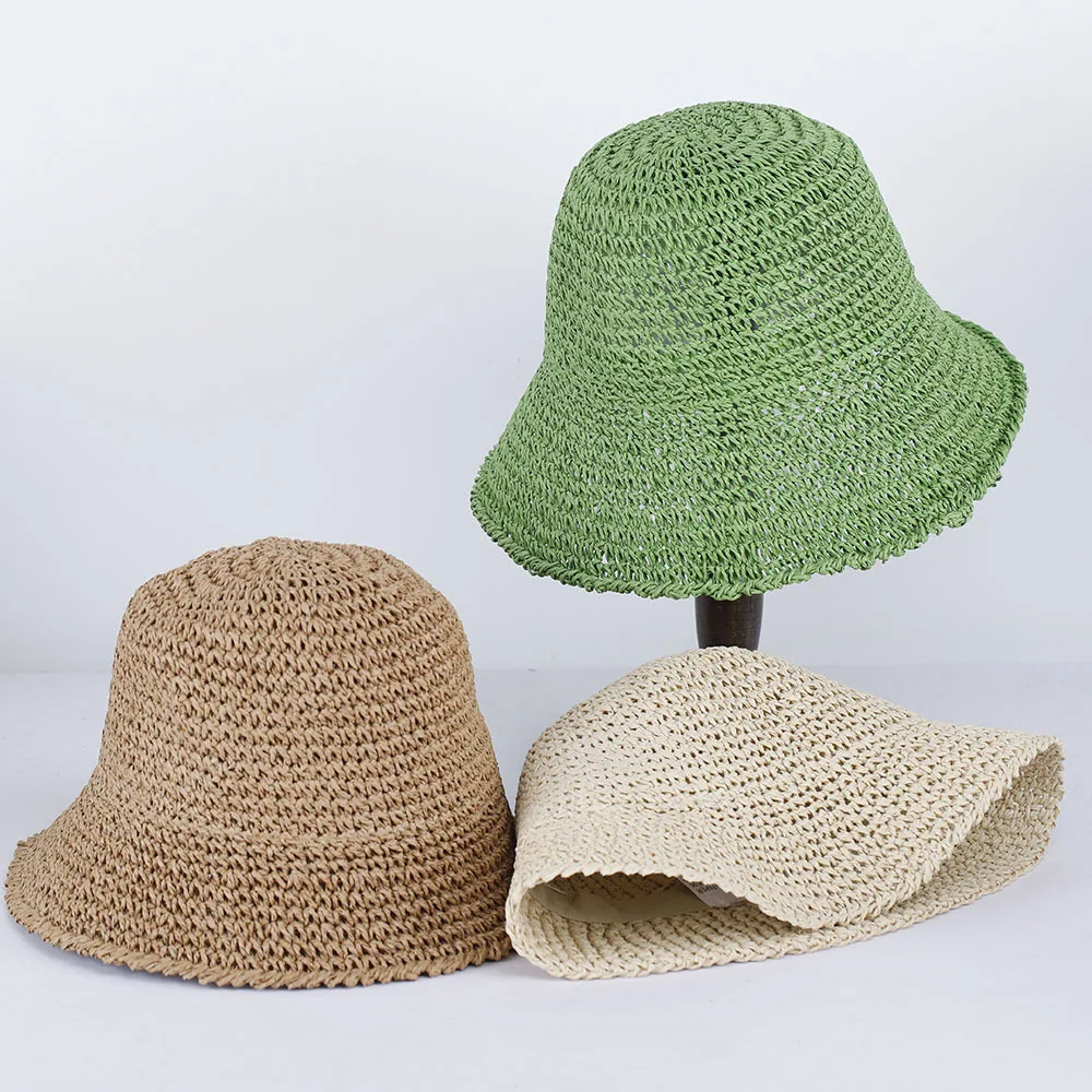 Womens Straw Sun Hat Woven Bucket Hat Fishing Hat Beach Hat Foldable Cap Solid Color Straw Beach Hat Summer