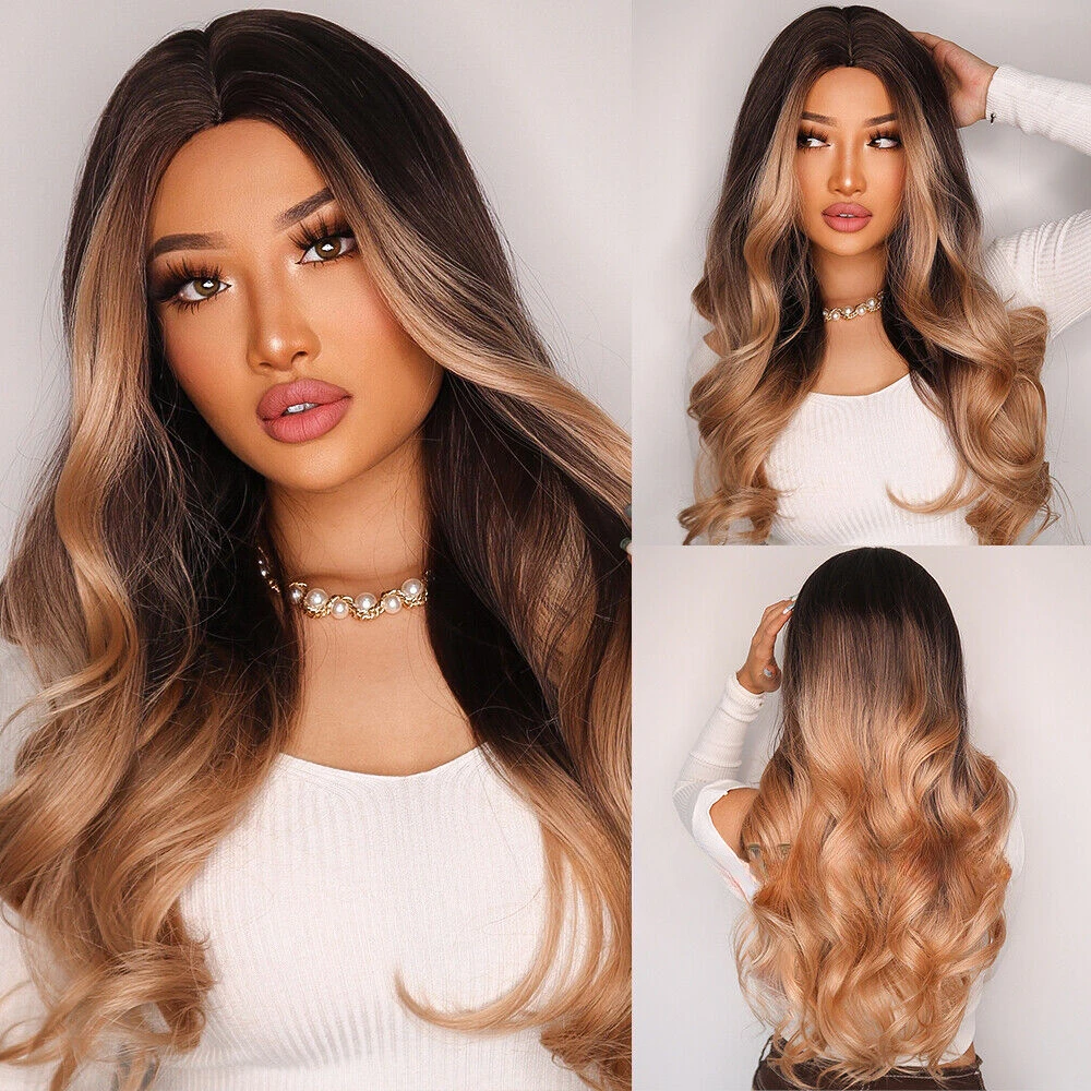 Honingblonde Gemarkeerd Ombre Bruine Lange Body Wave Fanshion Vrouwen Pruiken