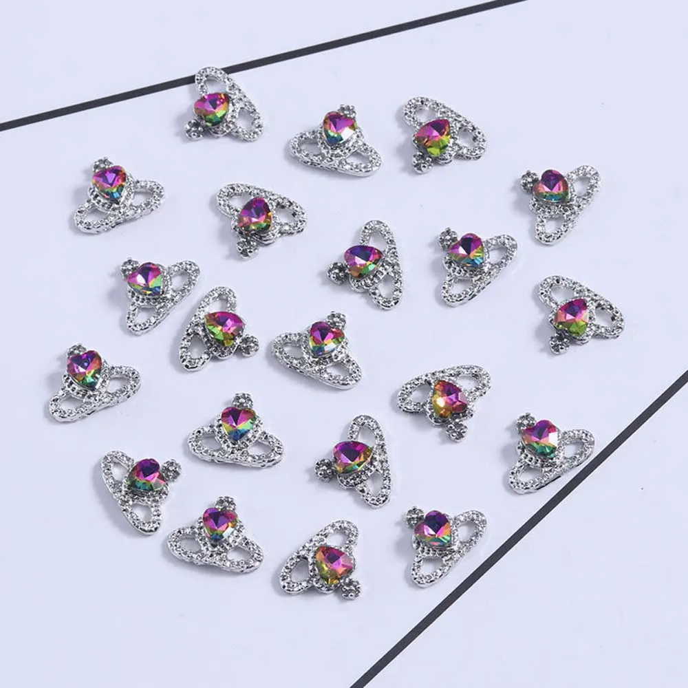 10pcs Sparkle Heart Planet Nail Art Charm 3D Shiny Alloy Metal Heart Crystal Planet Nail Decoration DIY Luxury Nail Accessories