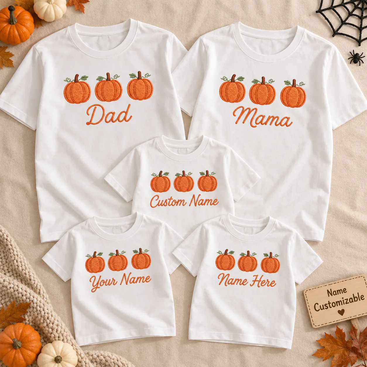 Custom Name Family Matching T Shirt Faux Embroidery Pumpkin Graphic Tee Mom Dad Fall Thanksgiving Parent Child Holiday Outfit