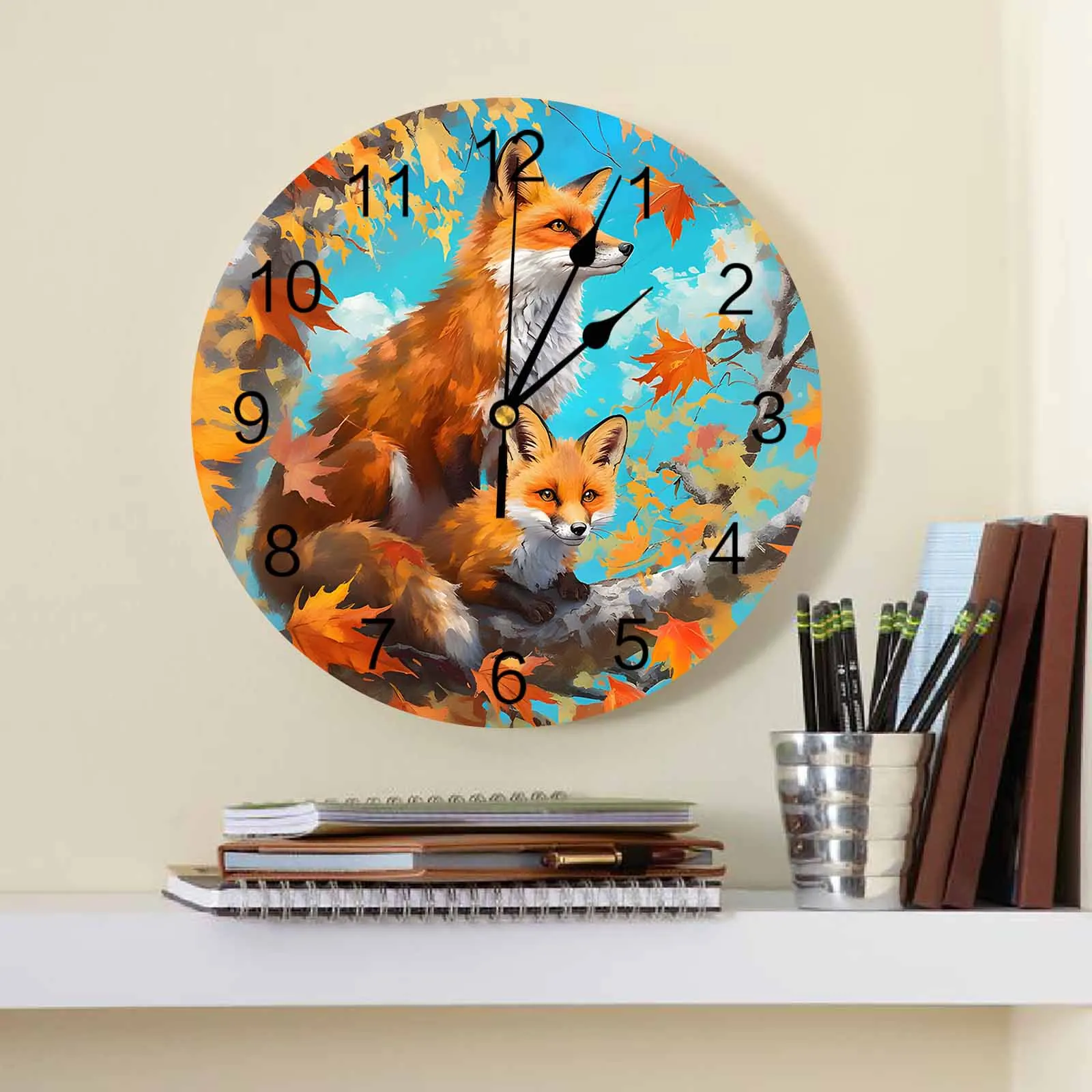 Autumn Maple Leaves Maple Leaves Fox Printed Wall Clock Modern Silent Clock Living Room Home Decor Wall Hanging Watch