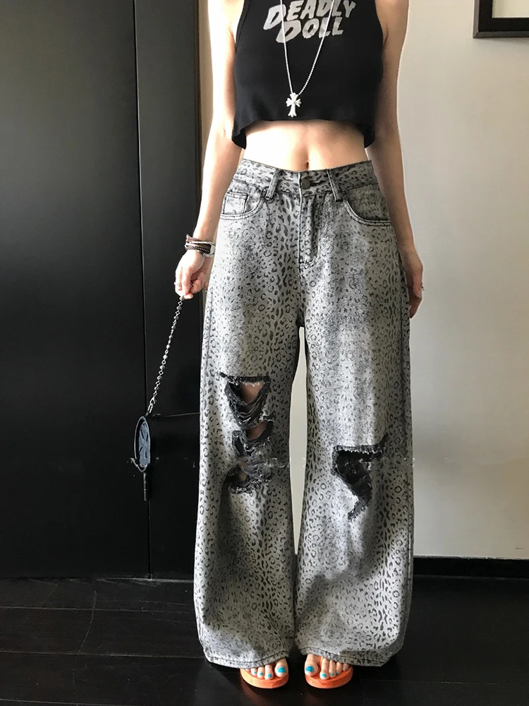

Y2K Spicy Girl Серые джинсы с леопардовым принтом Женские широкие рваные джинсовые брюки Длинные повседневные уличные винтажные брюки
