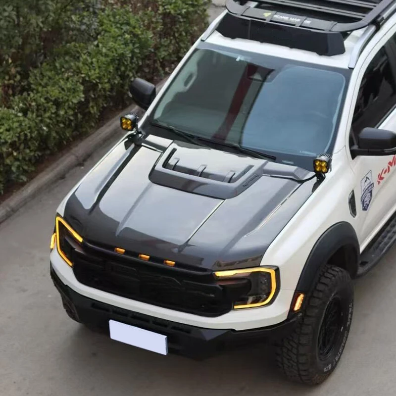 High Quality Raptor Style Carbon Fiber Black Hood Bonnet Lightweight Durable Direct Bolt‑On for Ranger Pickup Truck