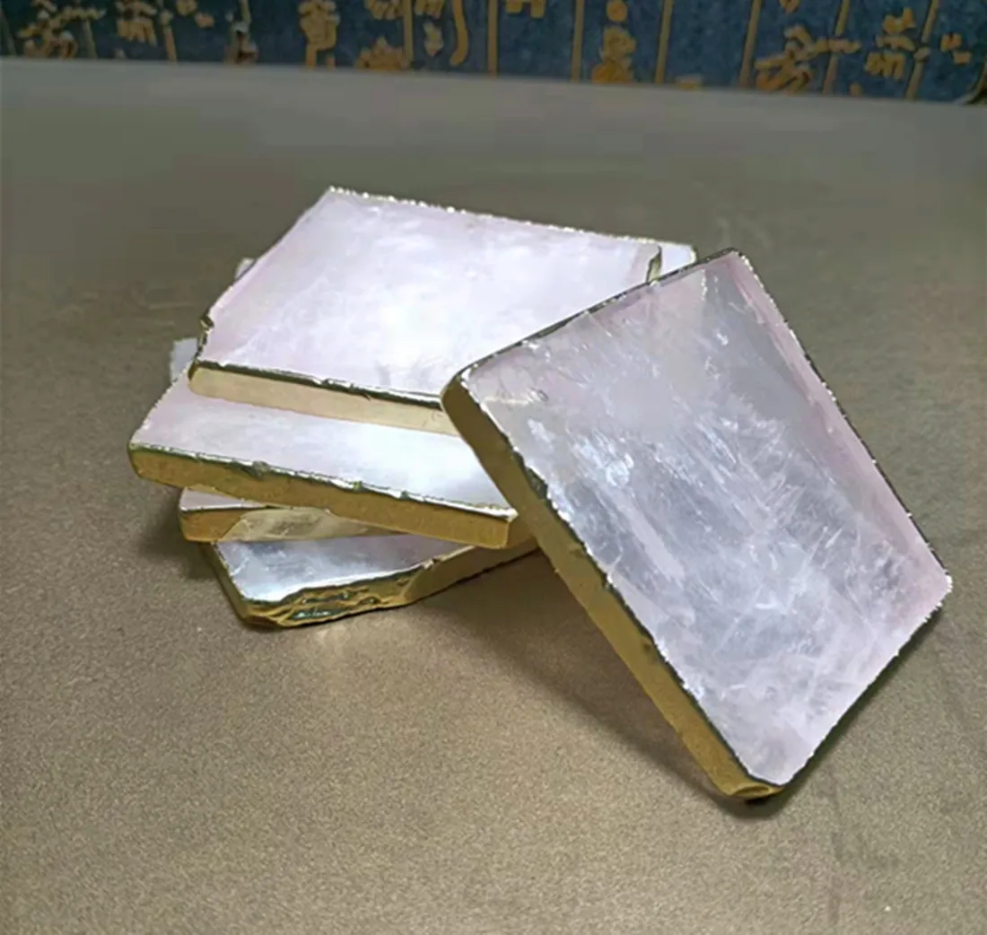 Wholesale 1pcs Natural Rose Quartz Coaster Hexagon Crystal Platter Electroplated Gold Color Jewelry for Cup Mat Display