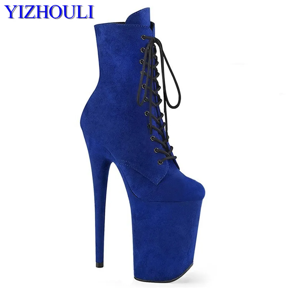 Faux suede 23CM, sexy pole dancing ankle boots, round toe party heels, 9 inch skinny nightclub catwalk platform shoes