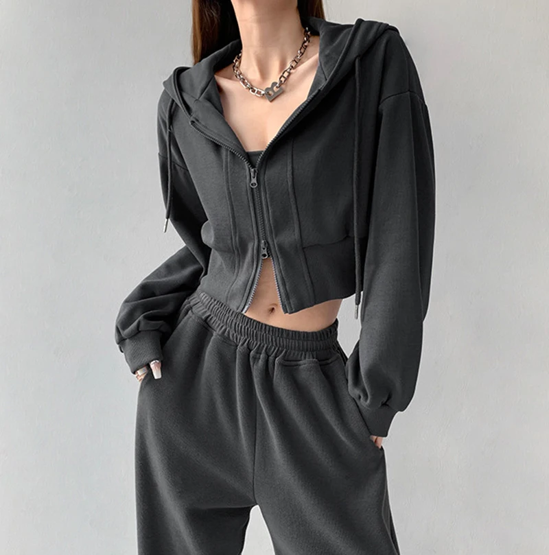 Women Cropped Hoodie Two Way Zipper Jacket Drawstring Hem Sweatshirt Slim Fit Long Sleeve Grey Athletic Yoga Gym Running Top
