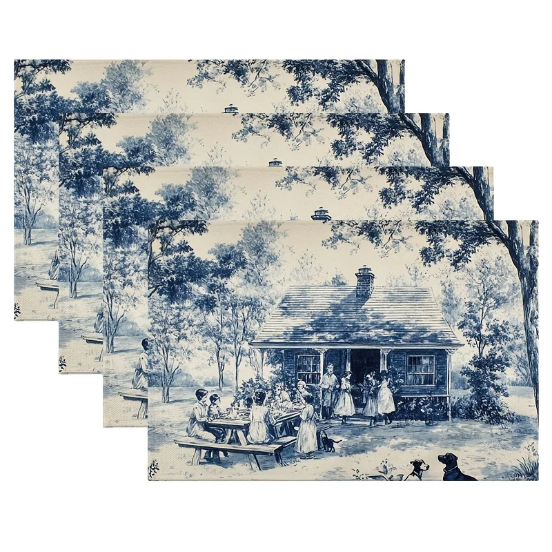 4-Pack Toile de Jouy Dark Blue Placemats, 12x18 Inch, Polyester Knit Fabric, Hand Wash Only, Rectangular Farmhouse Dining Table