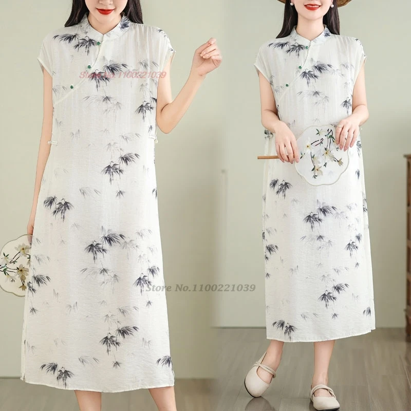 

2024 chinese improved qipao vintage dress cheongsam national flower print a-line qipao oriental traditional folk dress qipao