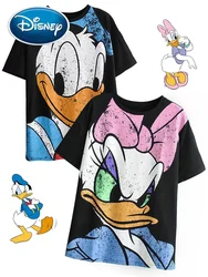 Disney Donald Daisy Duck Cartoon Print Black Women T-Shirt O-Neck Pullover Short Sleeve Casual Sweet Streetwear Loose Tee Tops