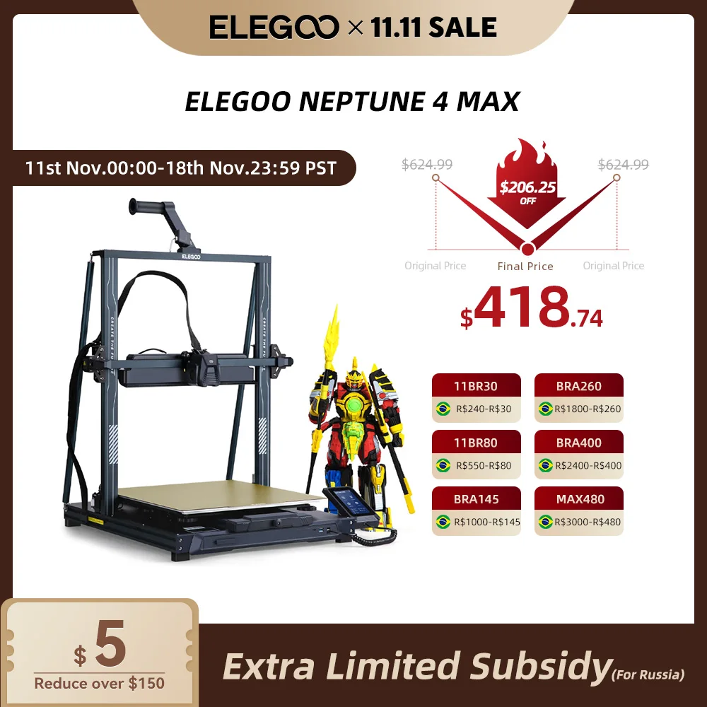 ELEGOO NEPTUNE 4 MAX FDM 3D Printer with Klipper Up to 500mm/s Printing Speed, Massive Build Volume 420x420x480mm