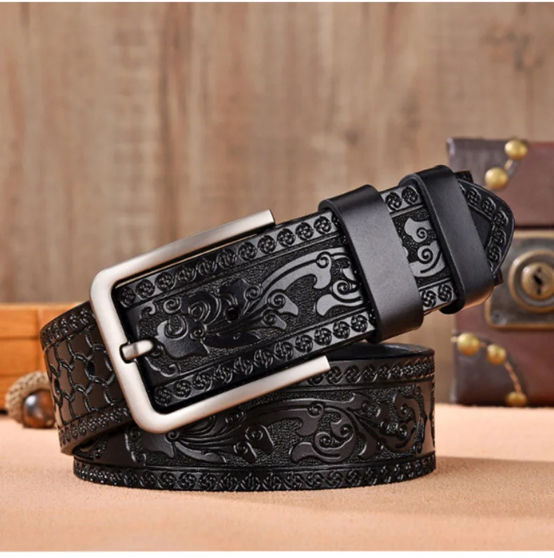Europäischer und Amerikanischer Retro-Prägungsgürtel für Herren, Cross-Border-Stil Schwarzer Multifunktionaler Ledergürtel, 3,8 cm. – Detail 4