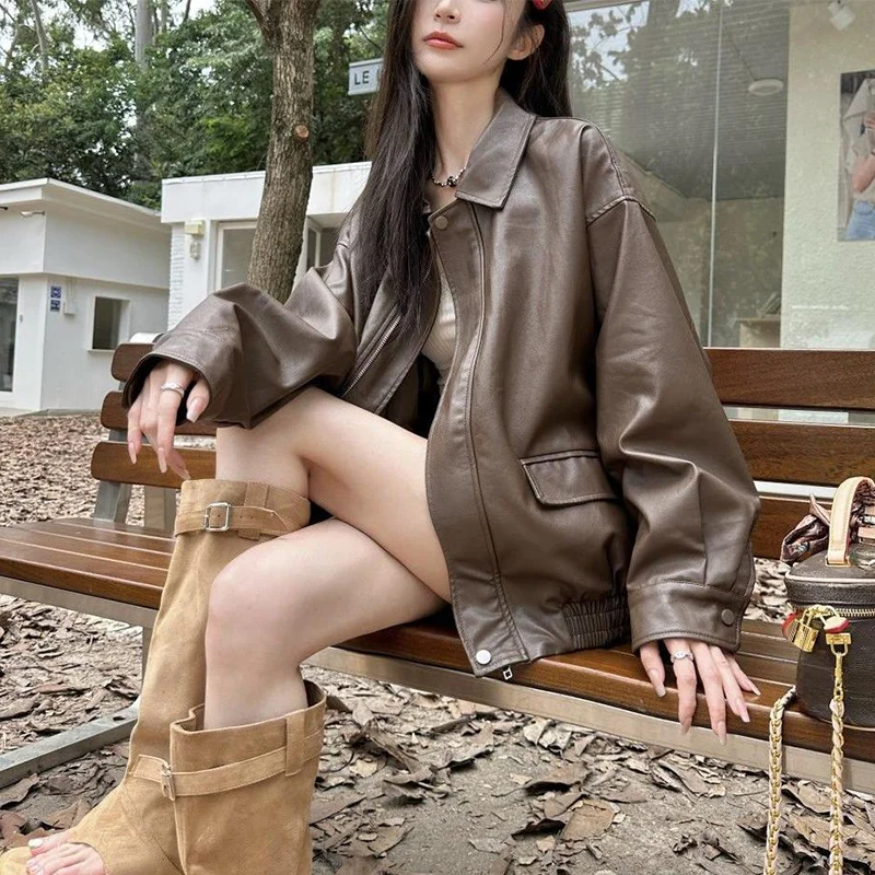 New American Retro Giacca in ecopelle Donna Autunno Y2K Manica lunga Pu Giubbotti Donna Elegante cerniera allentata Moto Biker Cappotti Mujer
