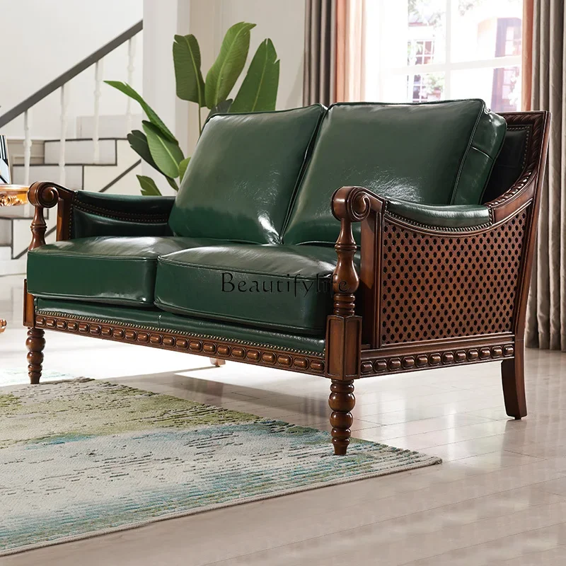 

66.LAmerican solid wood sofa simple modern leather set small apartment European three people