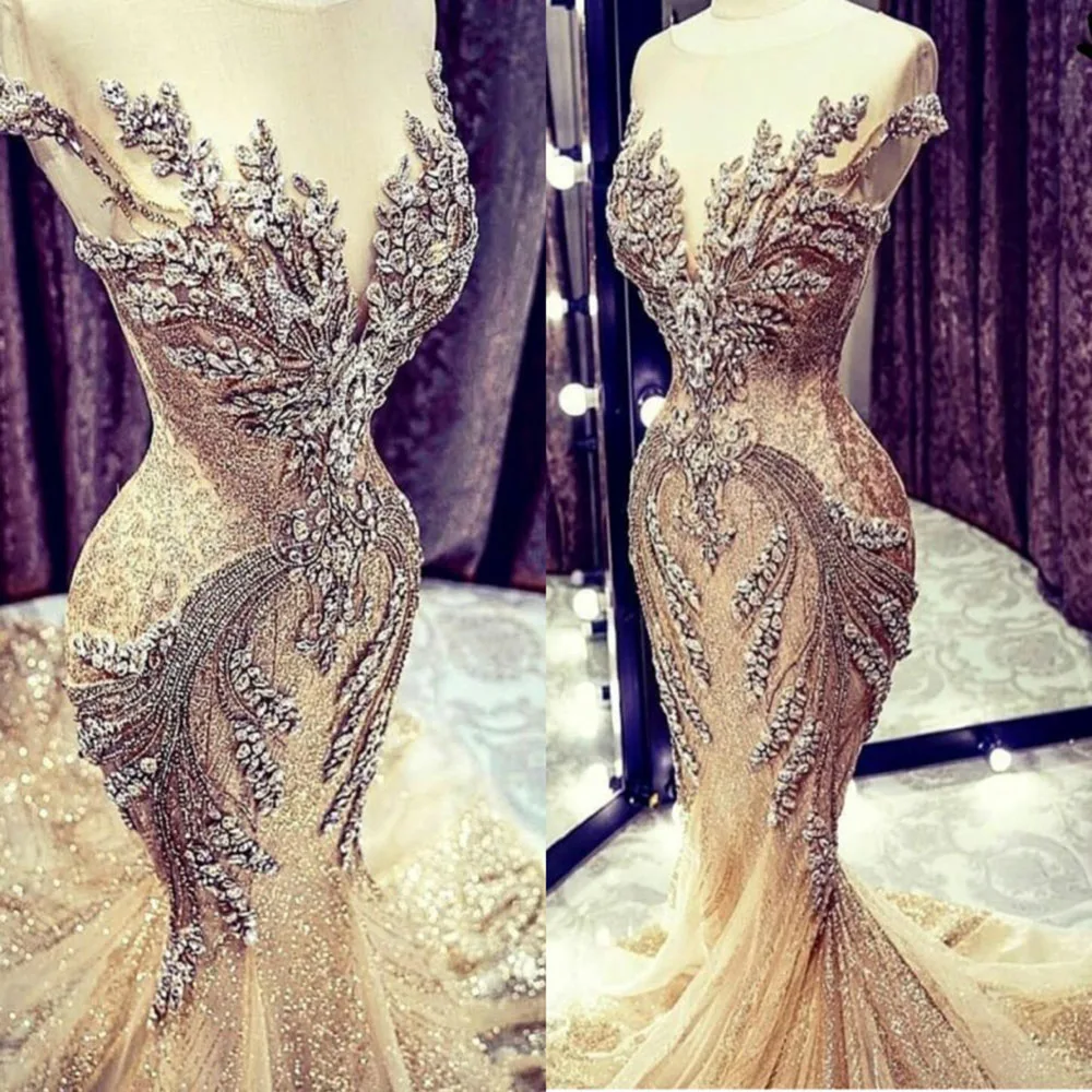 Champagne Mermaid Luxury Crystal Beads Sequin Lace Sweep Train Real Picture Sheer Cap Sleeve Wedding Dresses