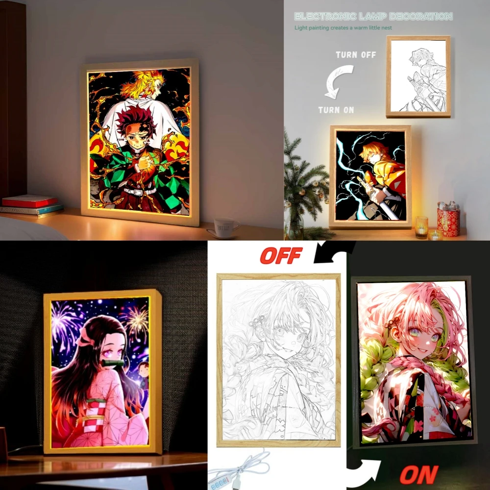 Anime Demon Slayer Action Figures Light Painting Photo Frame Tanjirou Nezuko Led Night Light Figurine Kimetsu No Yaiba Gifts