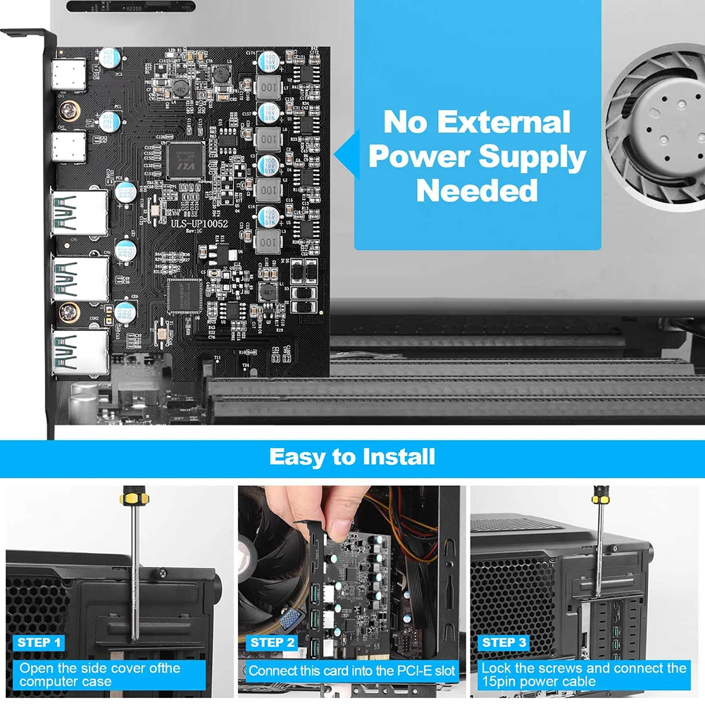 PCIe X4 To USB 3.2 Card 3x USB3.2 and 2x TPYC-C Expansion Add on Card Support Windows 7/8/10 (32/64 Bit) Mac OS 10.8.2 15W