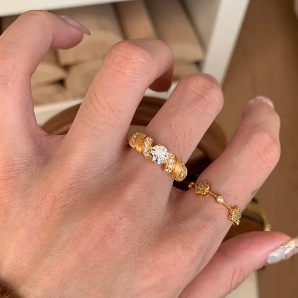 Exquisite Luxury 925 Sterling Silver Brushed Gold Color Twist Design Zircon Adjustable Opening Rings for Women Wedding Jewelry