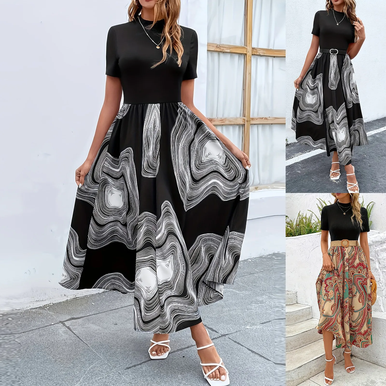 Femmes printemps et été décontracté col rond manches courtes taille imprimé fleuri robe Midi robes Mujer Veranoa 2025 Lange Kleider