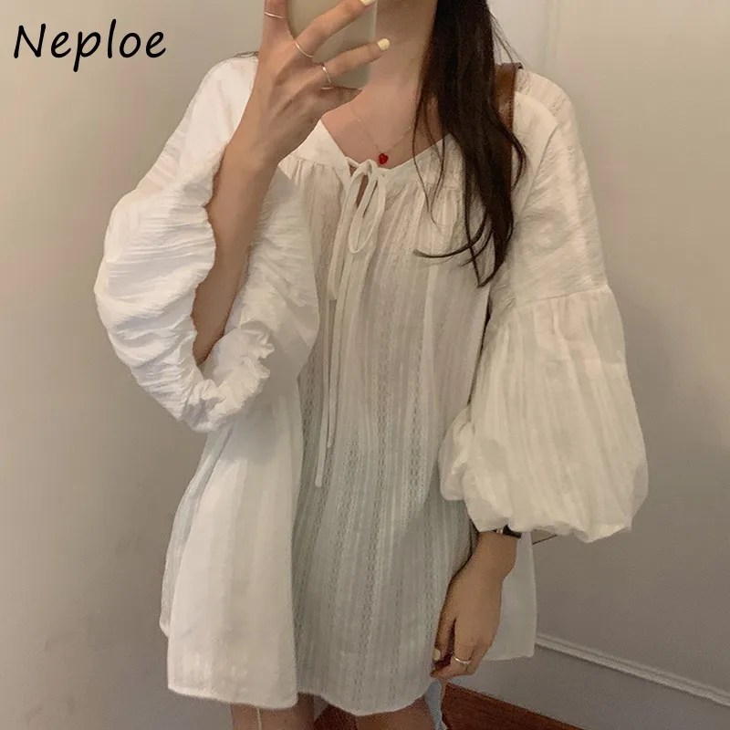 Neploe Loose Lantern Sleeve Femme Blouse Fashion Chic Retro V-neck Shirt Women 2024 New Loose Casual Solid Color Blusas 1F581