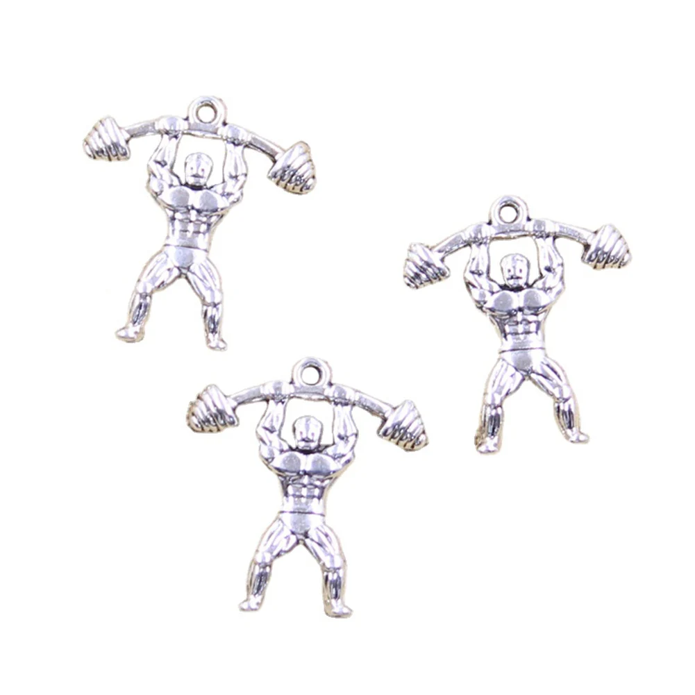 6pcs Charms Fitness Muscular Man Lifting Barbell 25x22mm Antique Silver Color Pendants DIY Findings Handmade Tibetan Making