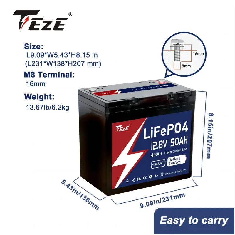 Teze Power 12V 50Ah LifePO4 Deep Cycle Lithium Iron Phosphate Battery with Active Balancer Built-in 50A Daly BMS for RV power