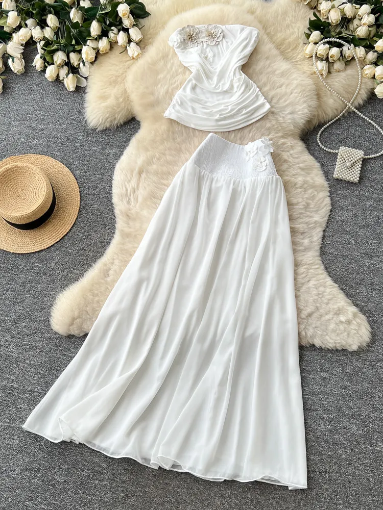 

2026 Summer New French White Skirt Set Off Shoulder Crop Top and High Waist Tulle Skirt Party Evening Gown Women Skirt Set