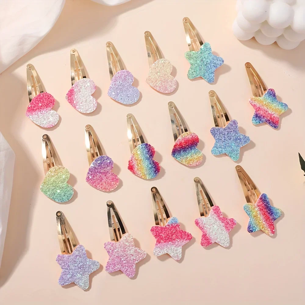 16Pcs/set Cute Glitter Rainbow Heart Star BB Handmade Hair Clips for Girls Handmade Hairpins Barrettes Headwear Hair Accessories