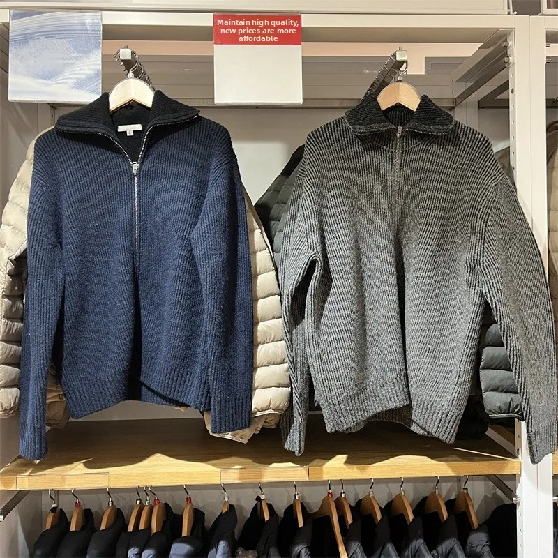 

ex Knitted Sweater Zipper Ribbed Casual Winter Outerwear Long Sve Warm Color Basic Fit for Men And Women