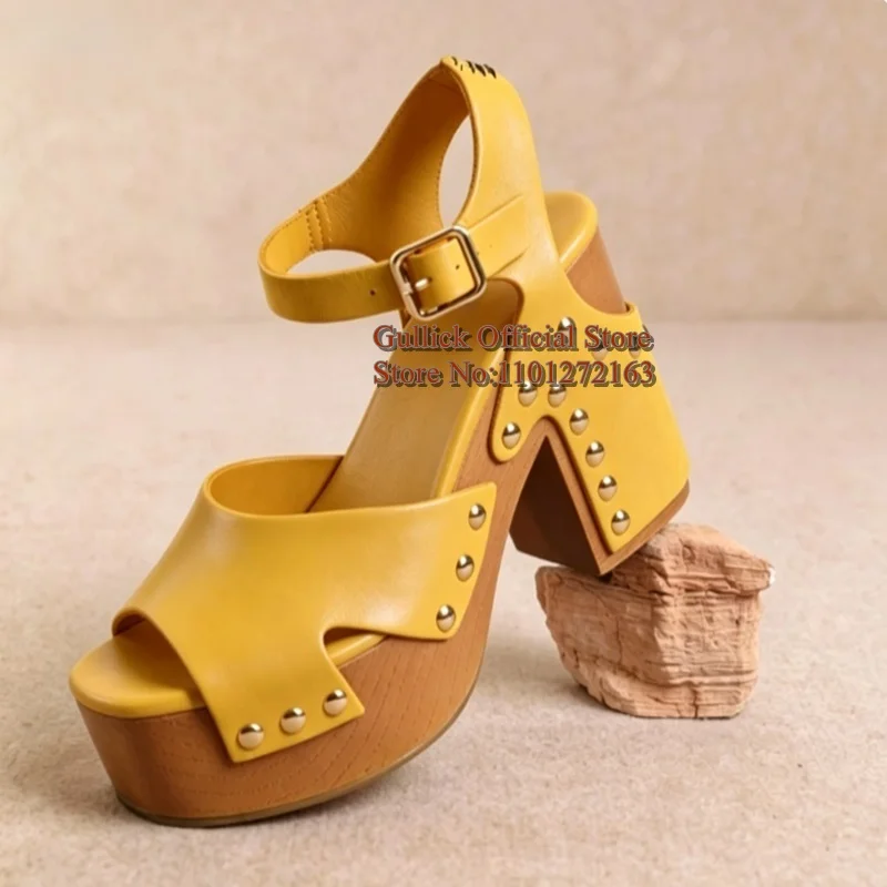 Vintage Yellow Faux Leather Rivet Wooden Platform Clog Sandals Peep Toe Ankle Buckle Strap Chunky Block Heel Shoes